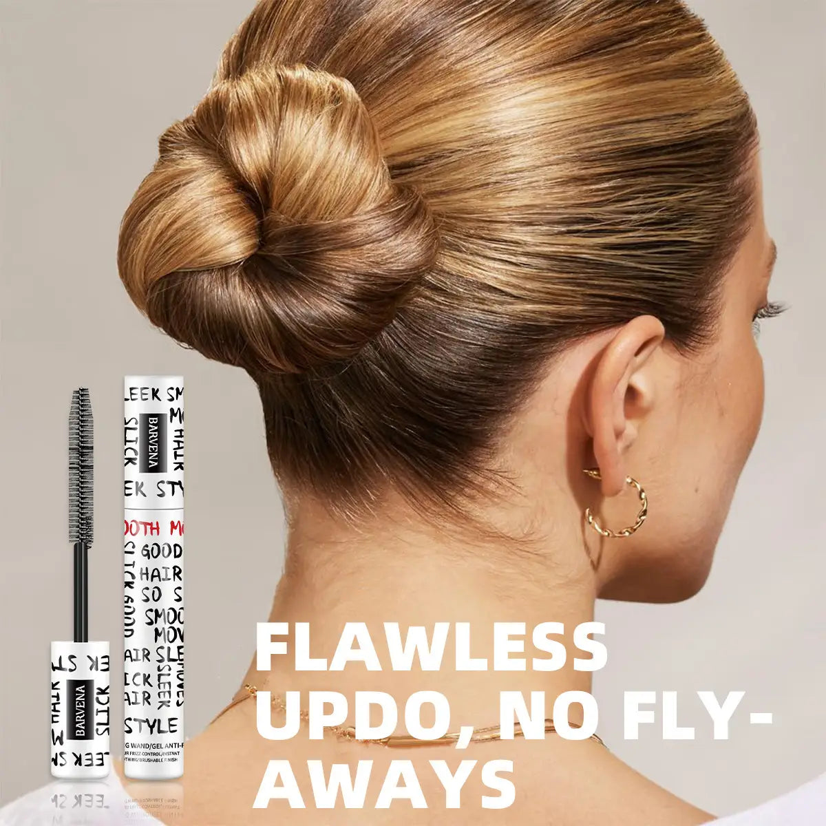 Mascara Barbera à style lissant, en tube blanc avec un texte noir et rouge et un applicateur à brosse épuré, conçu comme un bâton de coiffage portable pour le contrôle des frisottis des cheveux, modèle Bn7208.