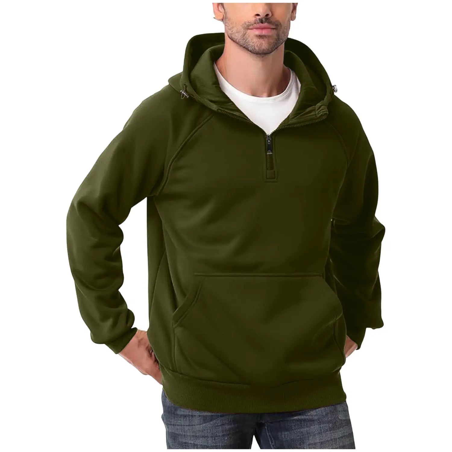 Herren-Casual Olivgrüner Half-Zip-Pulloverhoodie mit Fronttasche und Kordelzug-Kapuze, entworfen für einen bequemen täglichen Gebrauch.