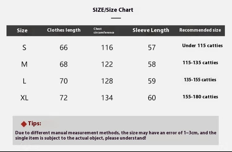 Size chart for plus size quilted puffer jacket displaying measurements in centimeters and recommended weight ranges.