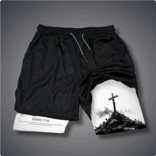black athletic shorts featuring a graphic print of a cross on a hill and john 3 16 text on the inner leg designed for faith-inspired activewear.