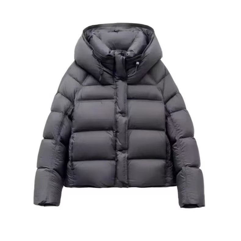 Chaqueta acolchada de plumón acolchada color gris oscuro con capucha, diseñada para mujeres como una prenda exterior cálida de invierno.