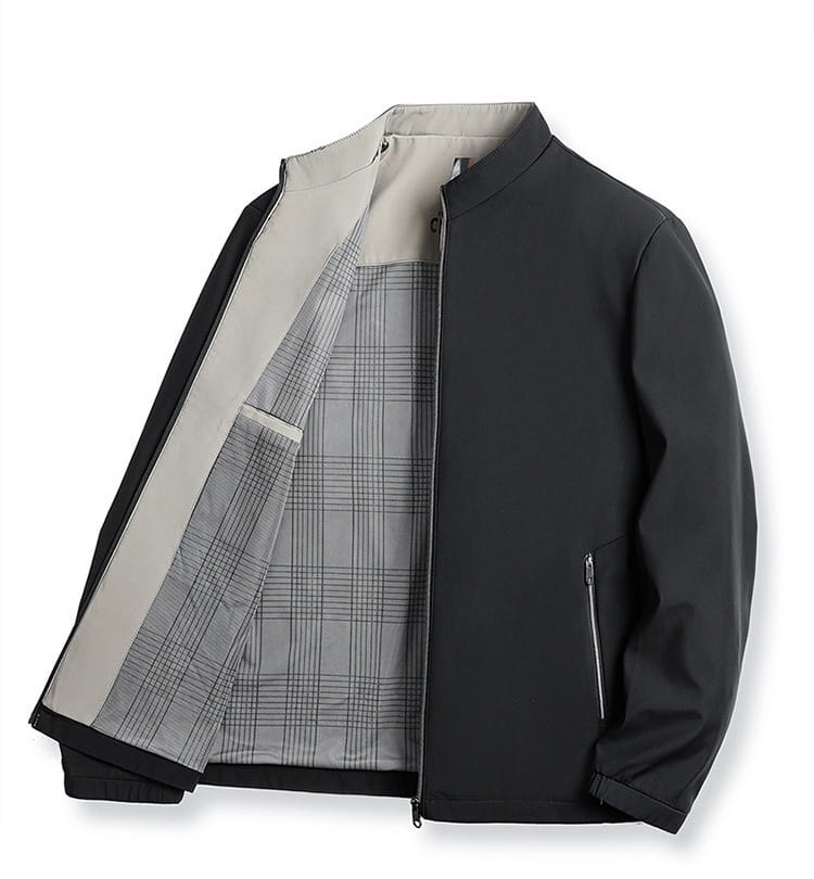 Men casual polo bomber jacket in black with a contrasting gray plaid interior and beige lining designed for stylish everyday wear.