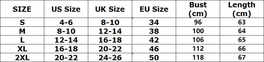 Das Bild zeigt eine Größentabelle für eine Satinbluse mit langen Ärmeln für das Büro mit US-, UK- und EU-Maßen sowie Angaben zu Brust- und Längenmaßen.