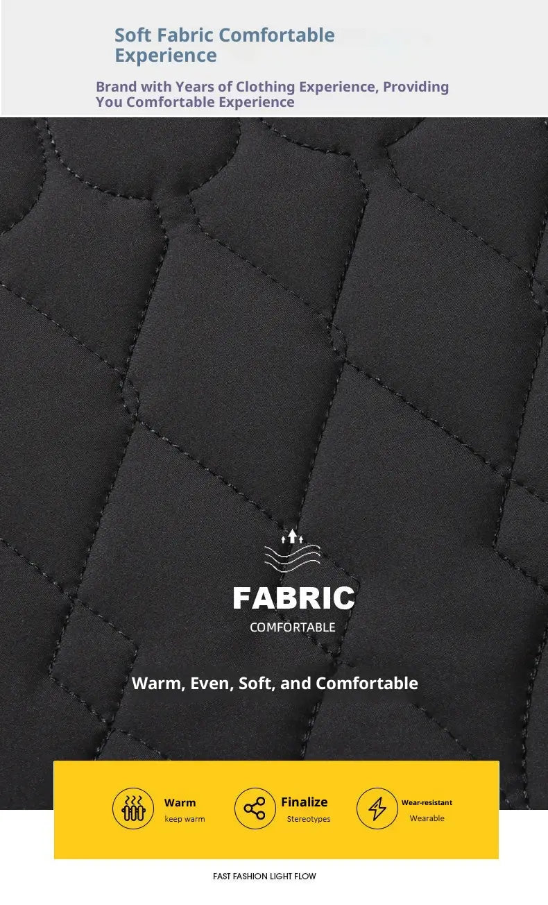 Schwarzer, gesteppten Stoff für eine Businessjacke mit Diamantsteppmuster, der auf der leichten gesteppte Businessjacke mit Fokus auf ein bequemes Marken-Finish sowie auf seine Weichheit und Wärme hervorgehoben wird.