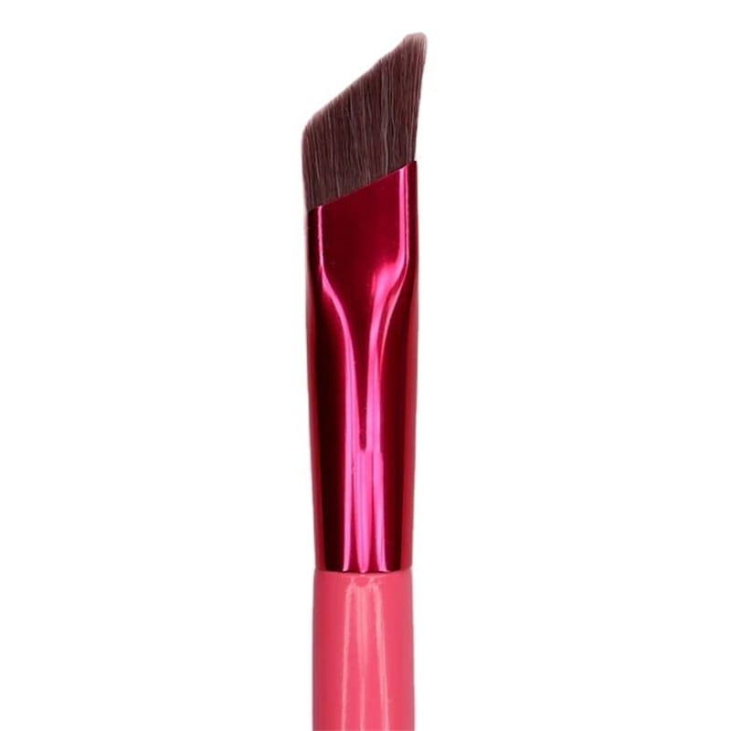 A vibrant pink angled eyebrow and concealer makeup brush with a glossy metallic handle and dense dark brown bristles designed for precise application.