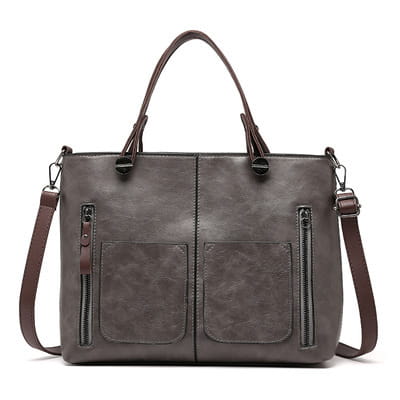 Dark gray textured leather retro large capacity tote crossbody bag with two front zippered pockets and adjustable shoulder strap.