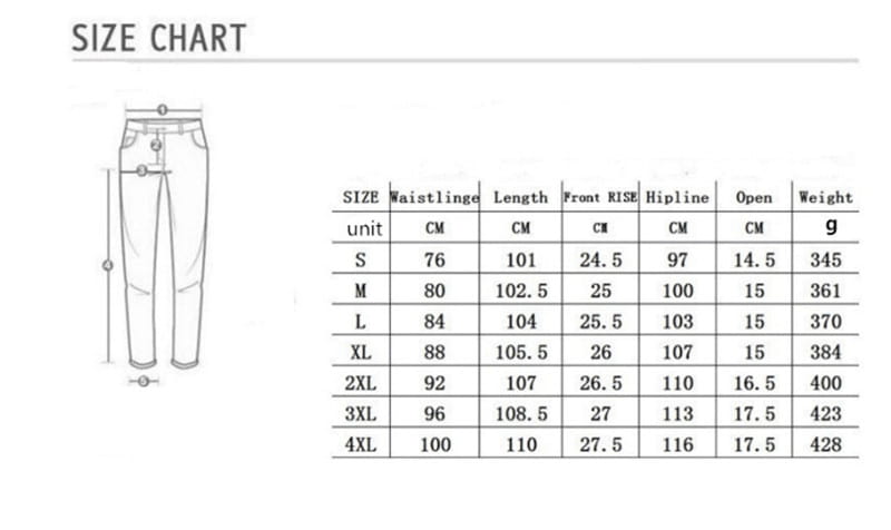 Size chart for men’s distressed blue denim ripped knee jeans showing straight-leg measurements in centimeters and weight in grams for sizes S to 4XL.