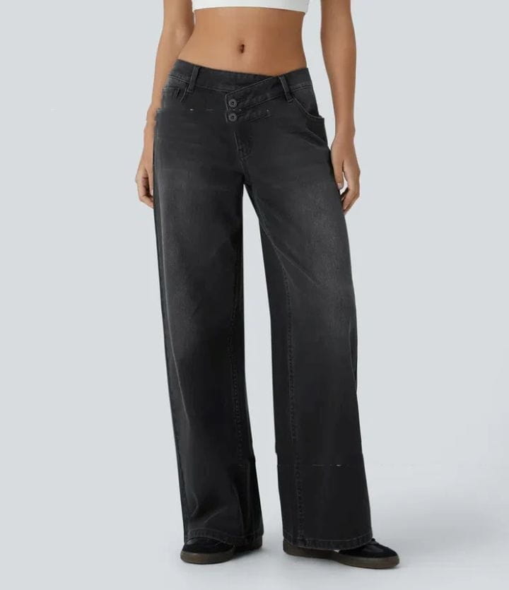 Jeans en denim noir à taille haute avec fermeture à boutons en matériau denim bleu