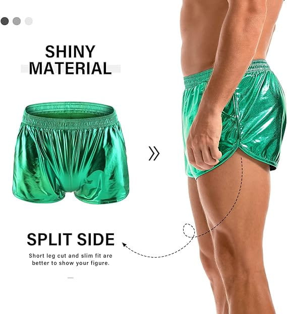 Mens shiny metallic casual shorts in emerald green featuring a split side design and a glossy finish.