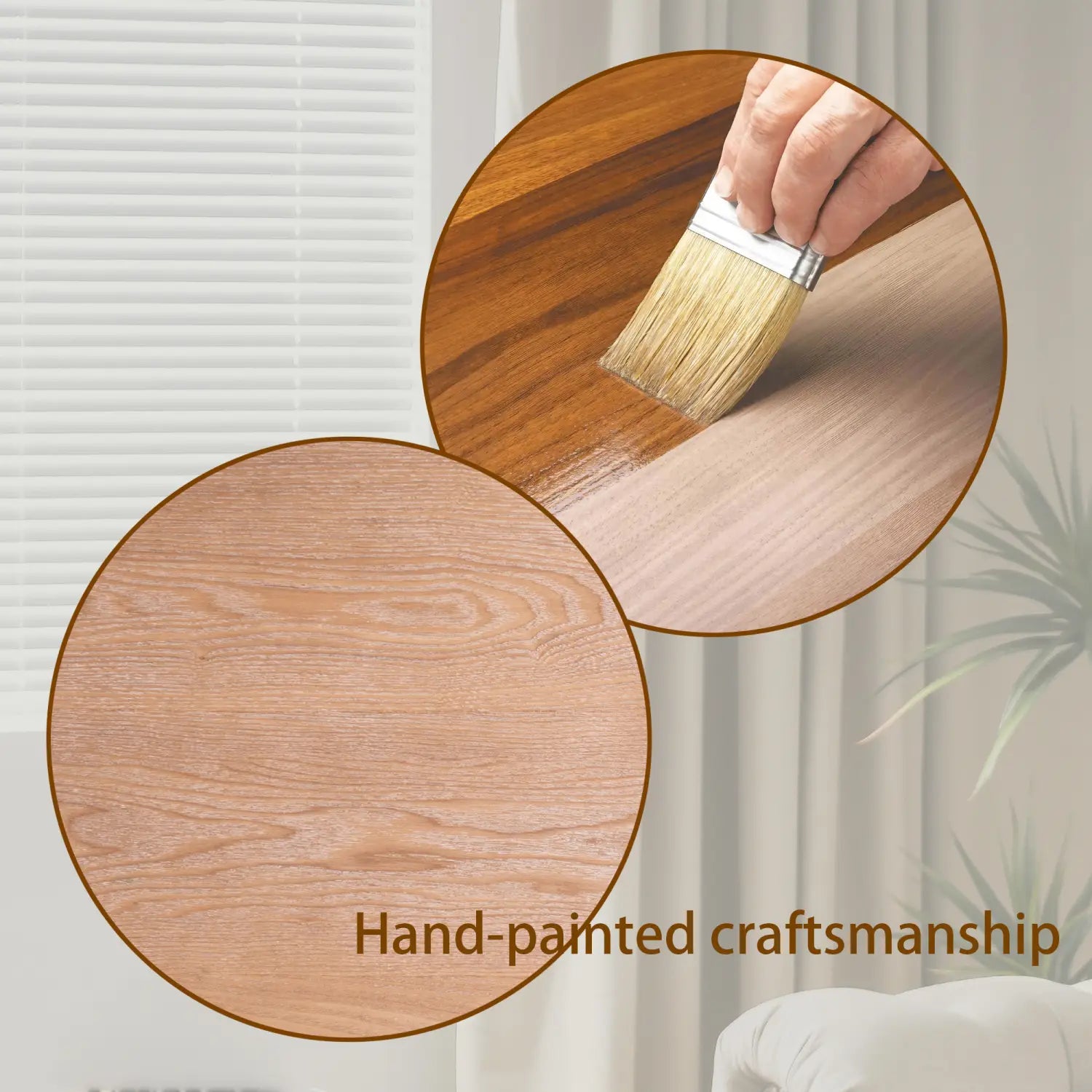 Se está aplicando una superficie de madera pintada a mano, con un acabado cálido de veta natural, con un pincel sobre una mesa consola de madera rústica con acentos de troncos naturales 62.