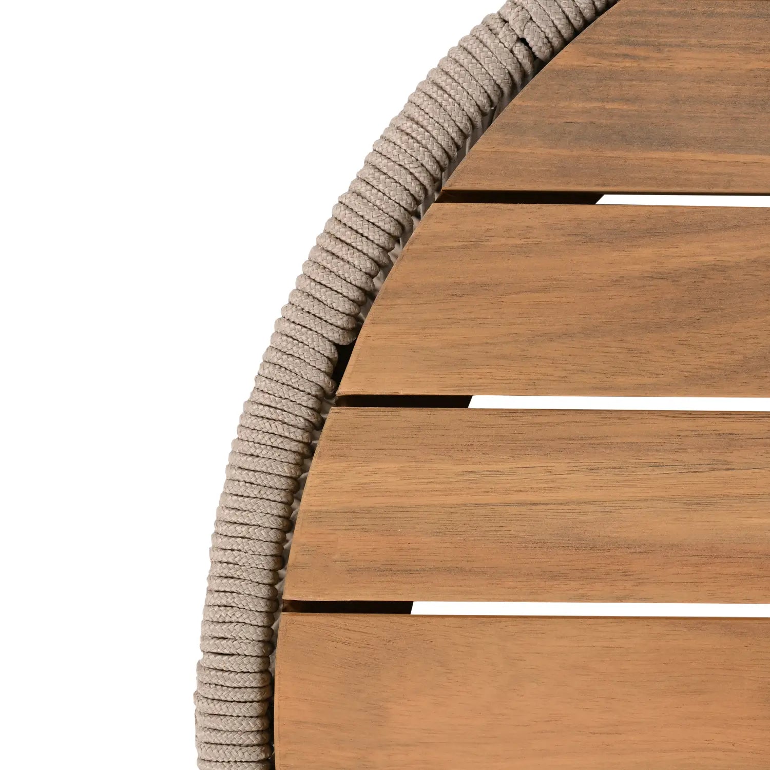 rustic industrial coffee side table with a round natural wood finish top and a woven beige rope edge designed for outdoor use