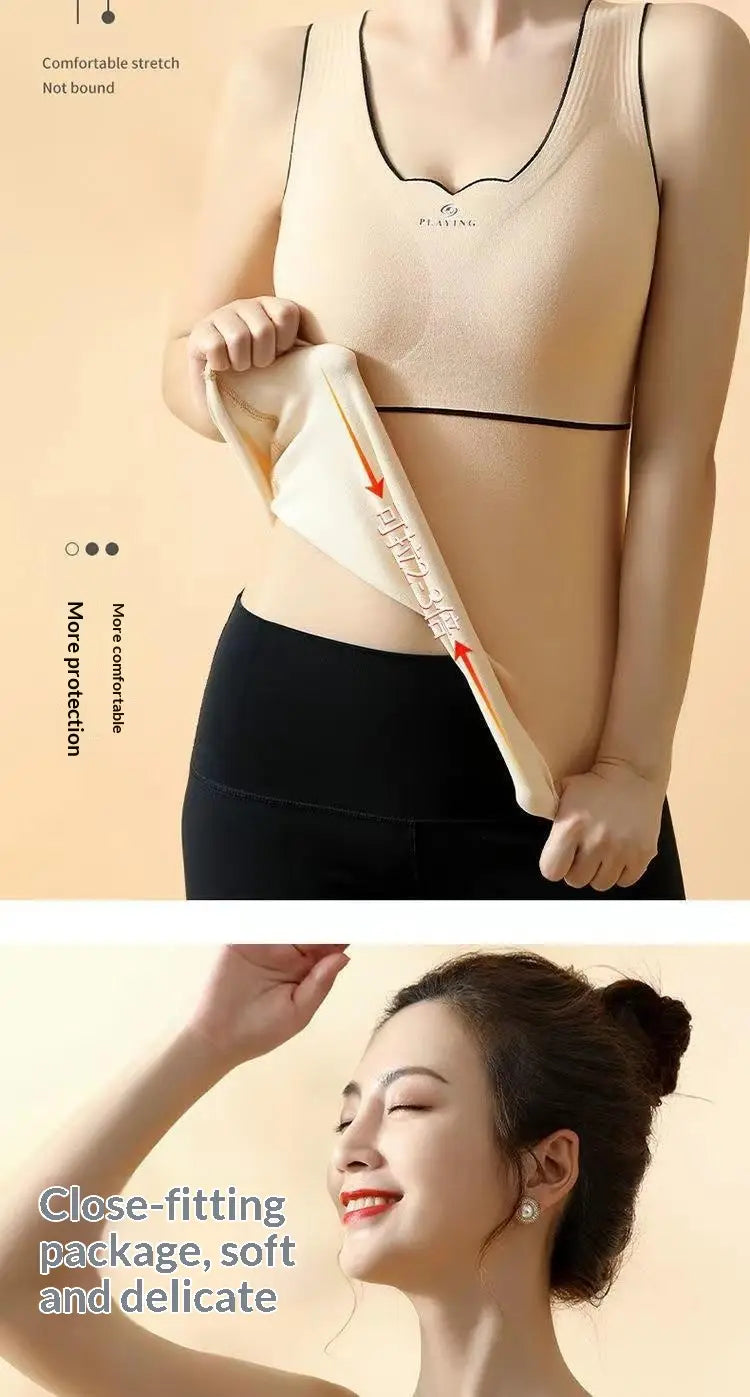 Beiges, dehnbares nahtloses Thermounterhemd mit integrierter Büste mit schwarzem Besatz und Dermlin-Stoff für ein weiches, eng anliegendes Design.