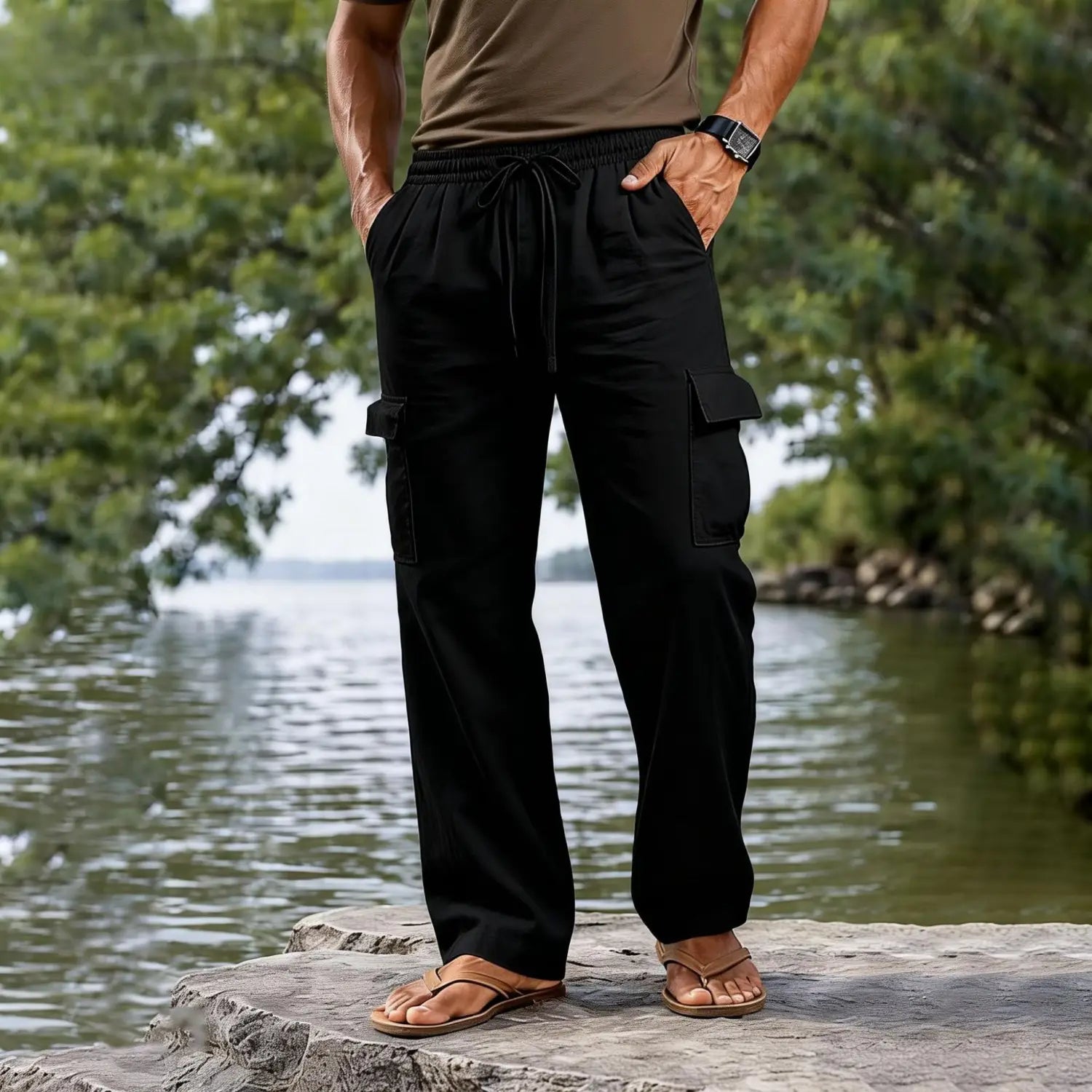 black cotton linen cargo pants for men with a drawstring waist casual straight leg design and multiple pockets