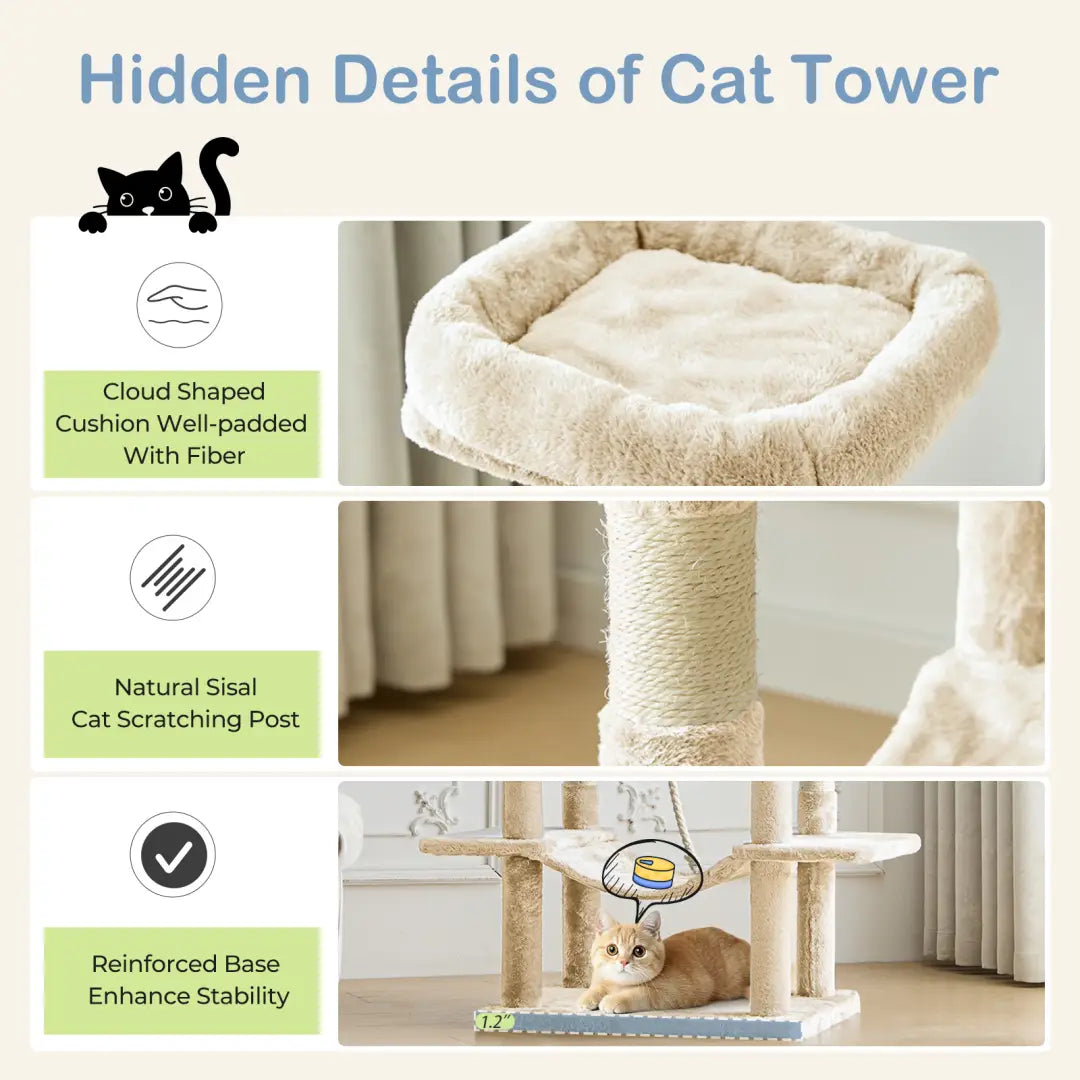 beige cloud-shaped cushioned cat bed with fiber-filled padding included in 66 inch multi-cat tree tower and condo for comfortable pet lounging