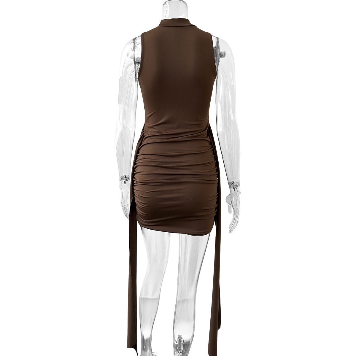 A sleek sleeveless brown bodycon midi dress with a high neckline and ruched detailing along the sides featuring a side slit.