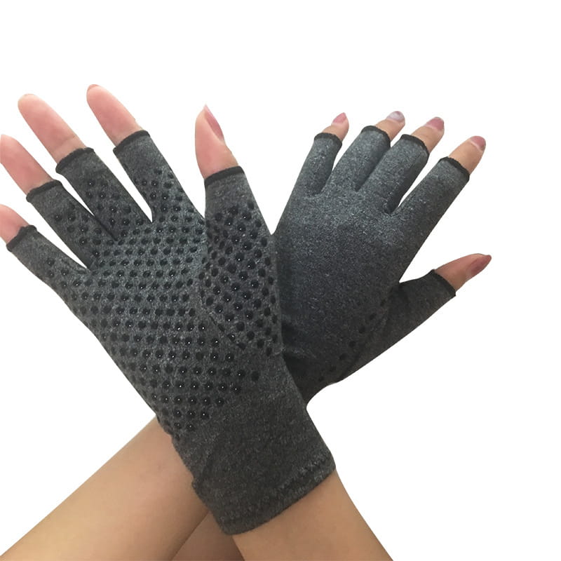 gray fingerless arthritis compression gloves with black textured grip dots on the palms providing support and relief.