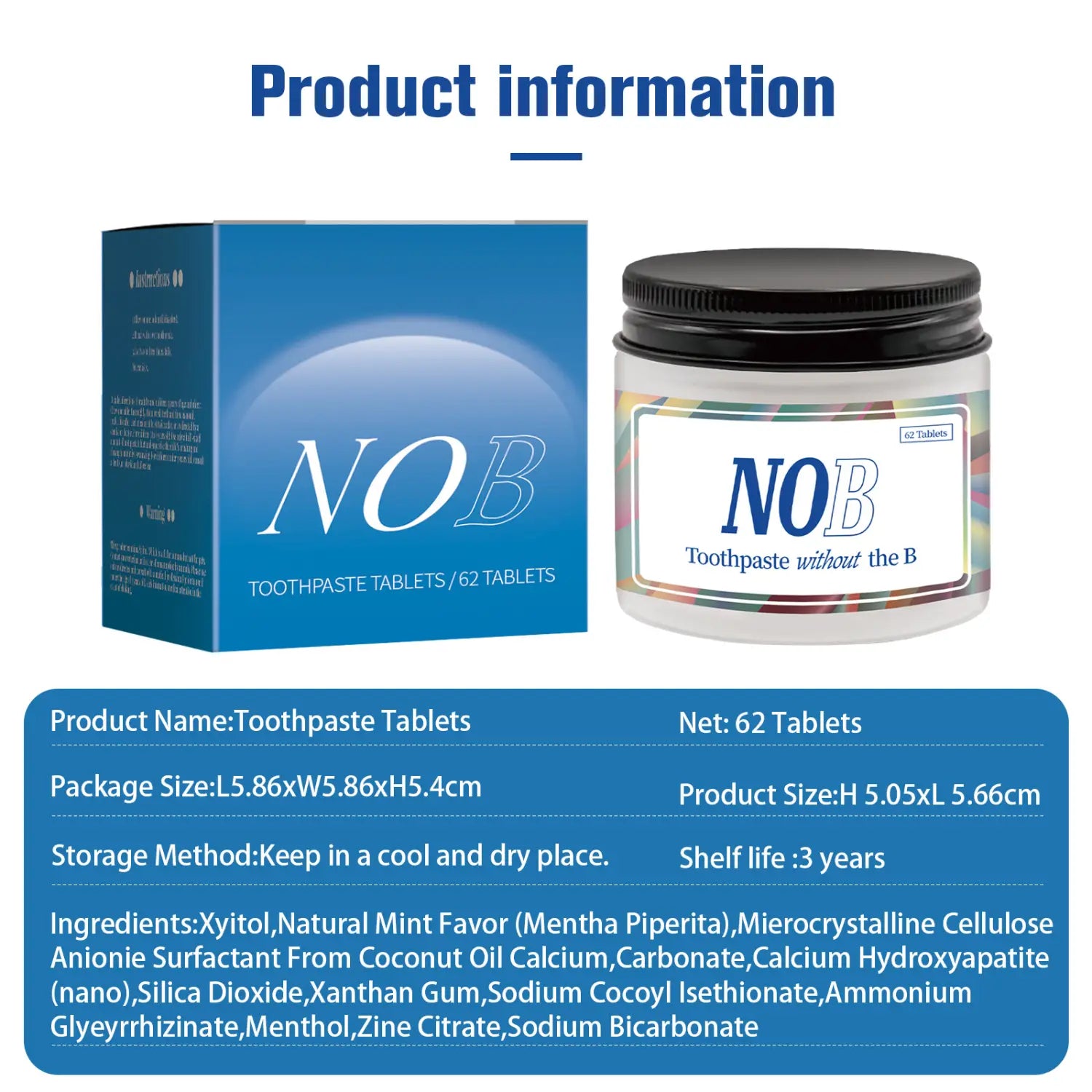 Blue and white branded box of nob solid toothpaste tablets next to a clear jar with black lid containing 62 portable breath mint tablets.