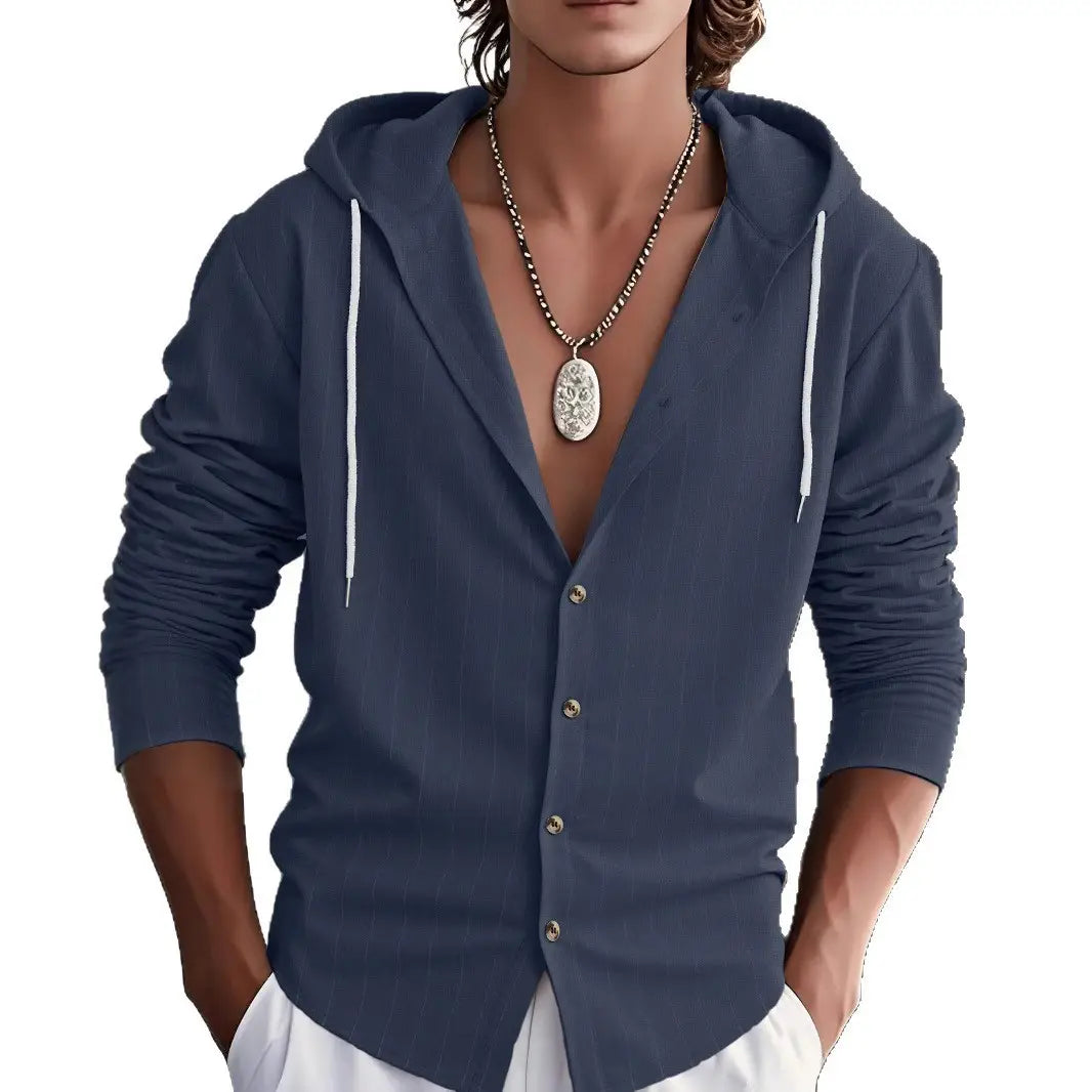 Navyblaues Kapuzen-Cardigan mit weißen Kordeln und Knopfleiste aus Leinen, Slim Fit im Nadelstreifen-Kapuzen-Leinenhemd-Herrenstil.
