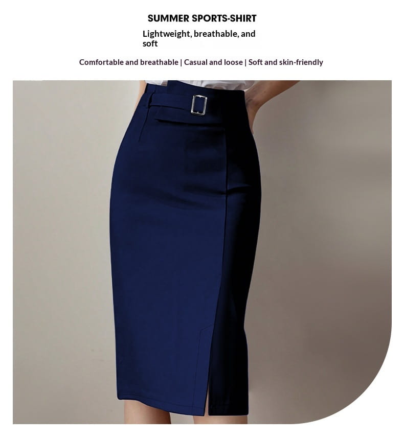 Navy blue high waisted pencil skirt with silver buckle belt and side slit designed for summer sportswear.