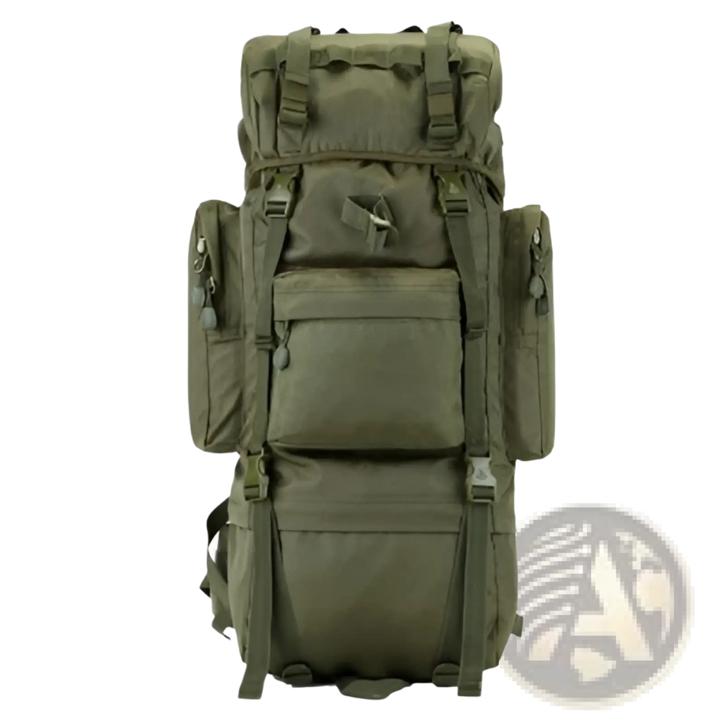 Olive green 70l tactical hiking backpack made of 900d oxford fabric with multiple compartments and sturdy straps