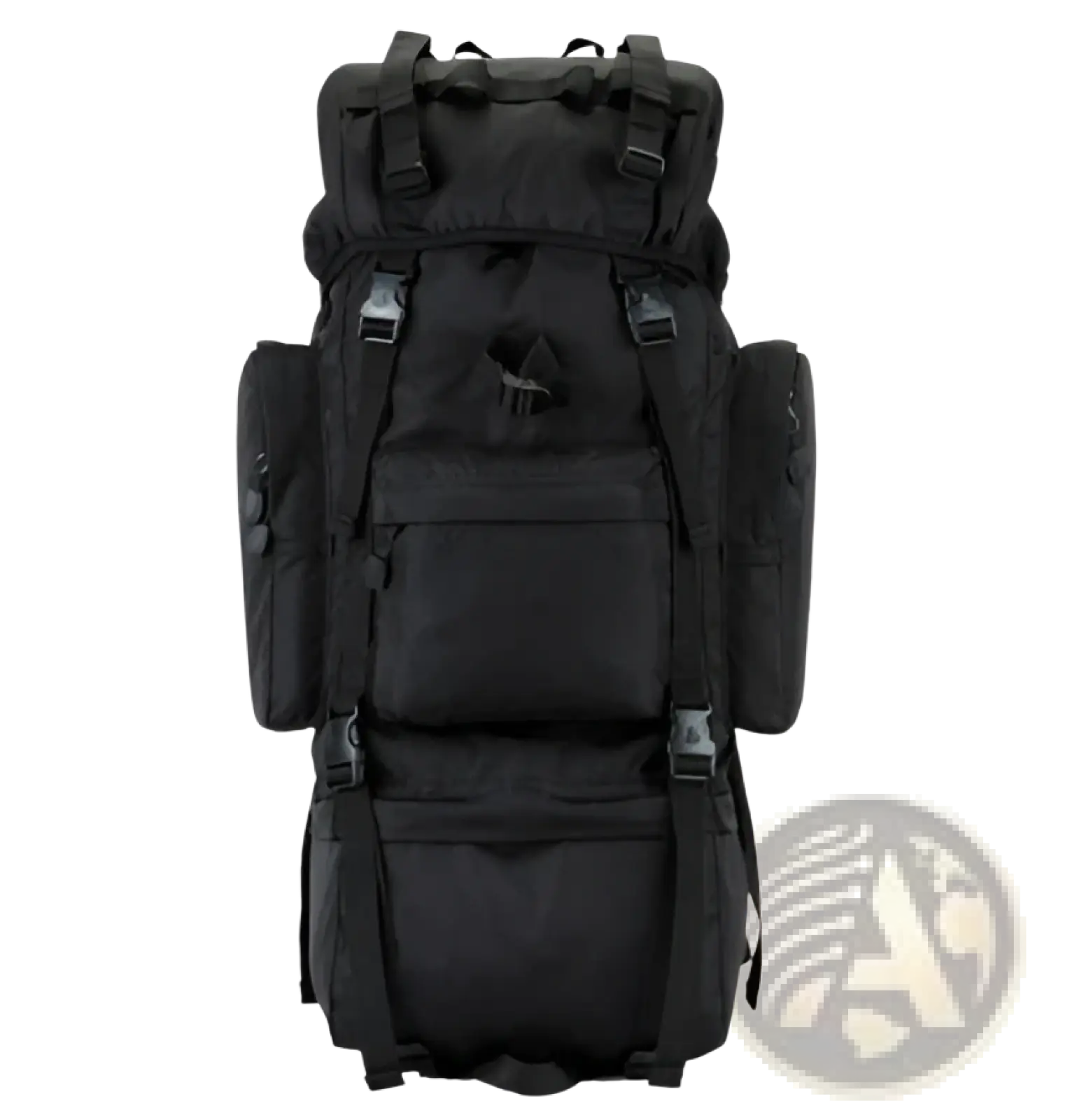 Black 70l tactical hiking backpack made of 900d oxford fabric with multiple compartments and adjustable straps visible from the back