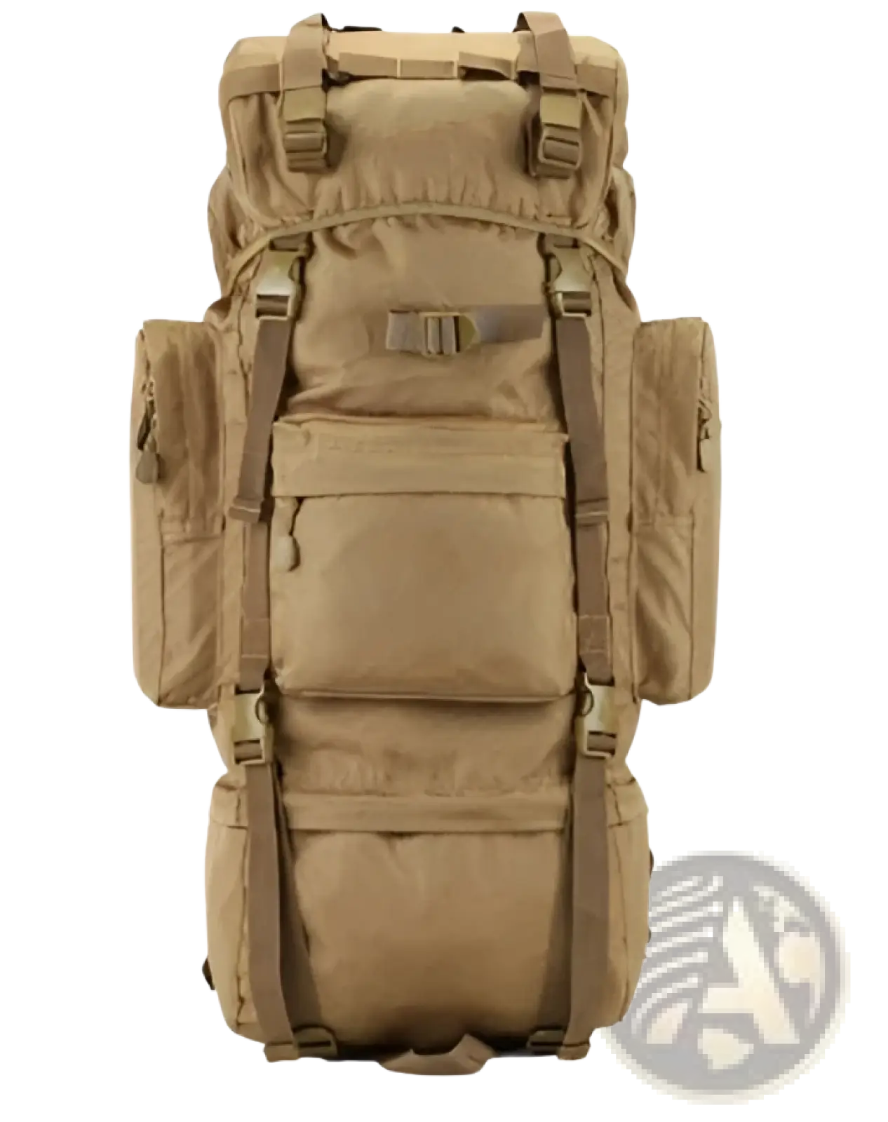 Tan 70l tactical hiking backpack made of 900d oxford fabric with multiple compartments and adjustable straps