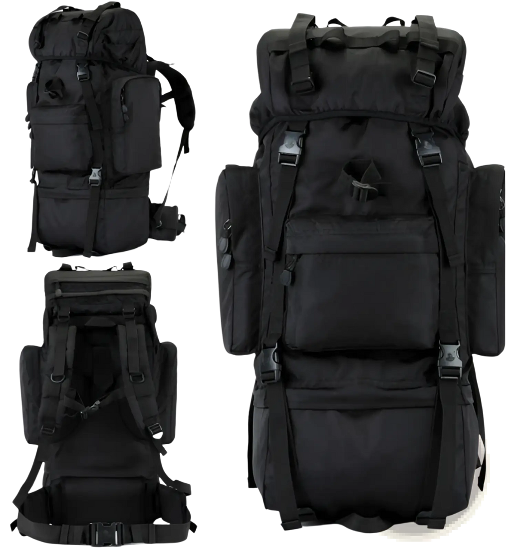 Black 70l tactical hiking backpack made of 900d oxford fabric with multiple compartments and adjustable straps