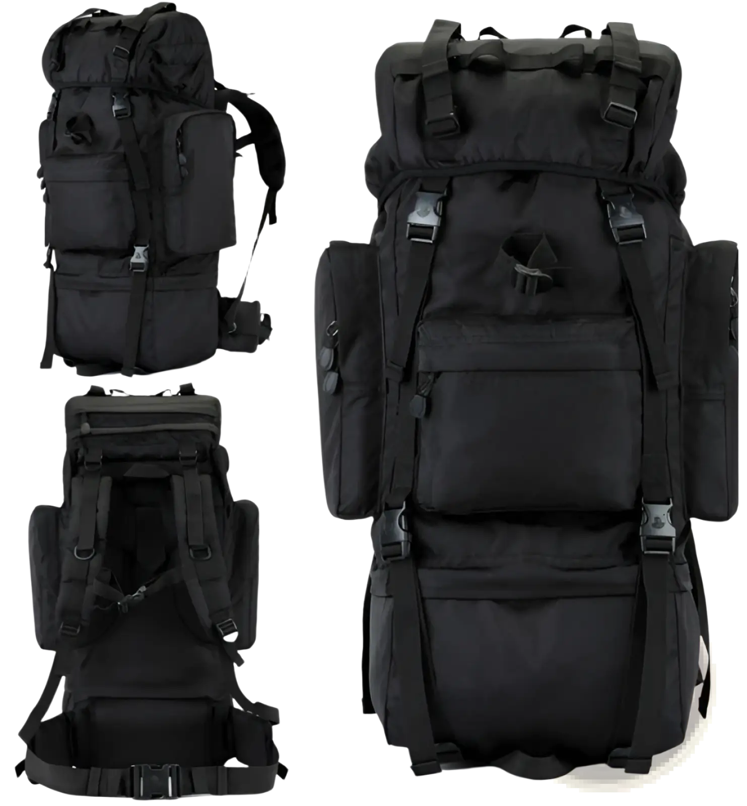 Black 70l tactical hiking backpack made of 900d oxford fabric with multiple compartments and adjustable straps