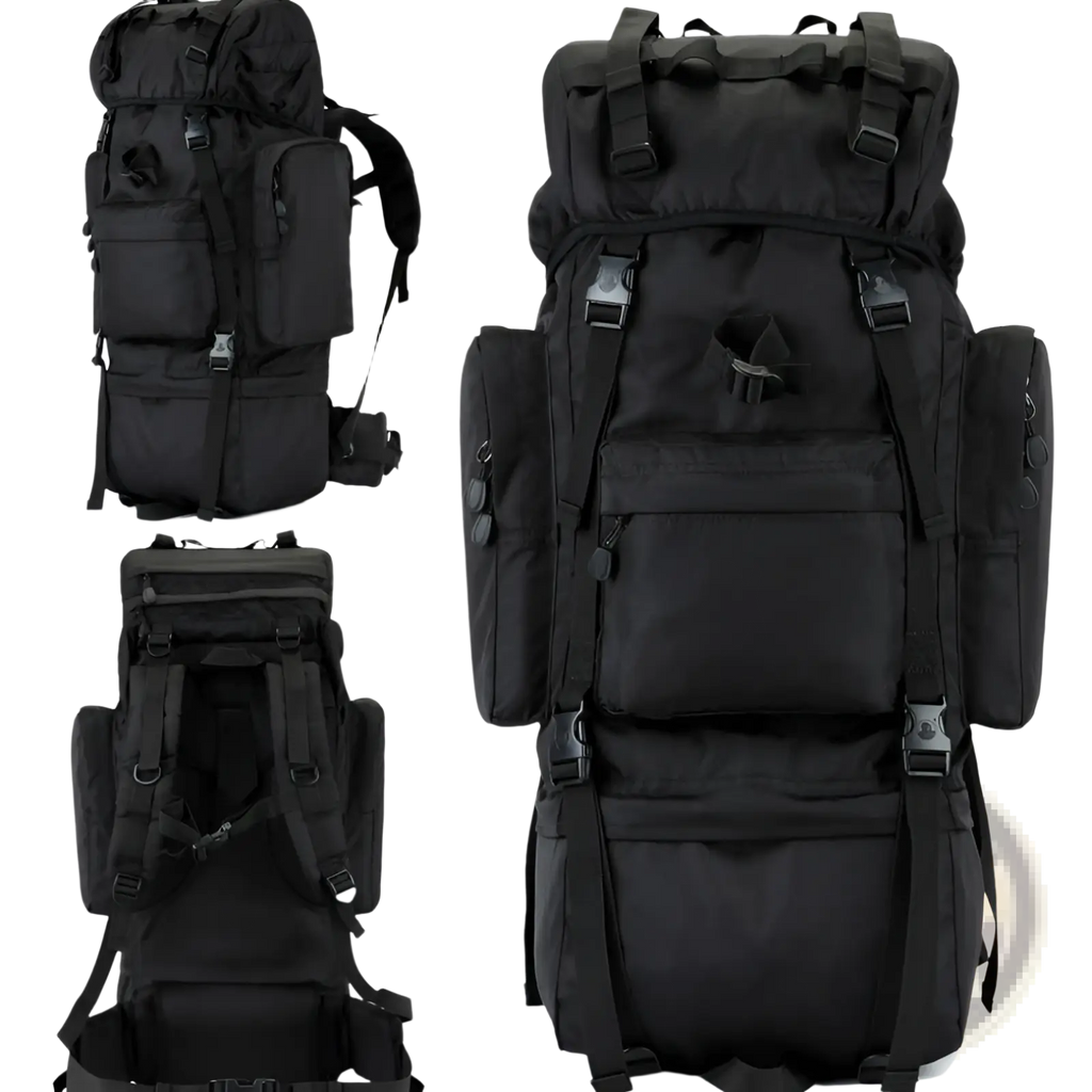 Black 70l tactical hiking backpack made of 900d oxford fabric with multiple compartments and adjustable straps