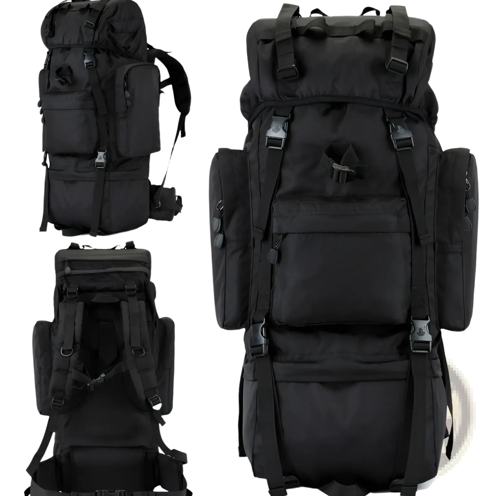 Black 70l tactical hiking backpack made of 900d oxford fabric with multiple compartments and adjustable straps