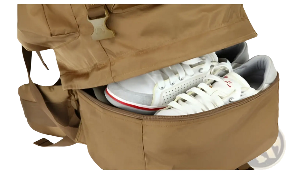 Tan 70l tactical hiking backpack made of 900d oxford fabric with zippered shoe compartment holding white sneakers