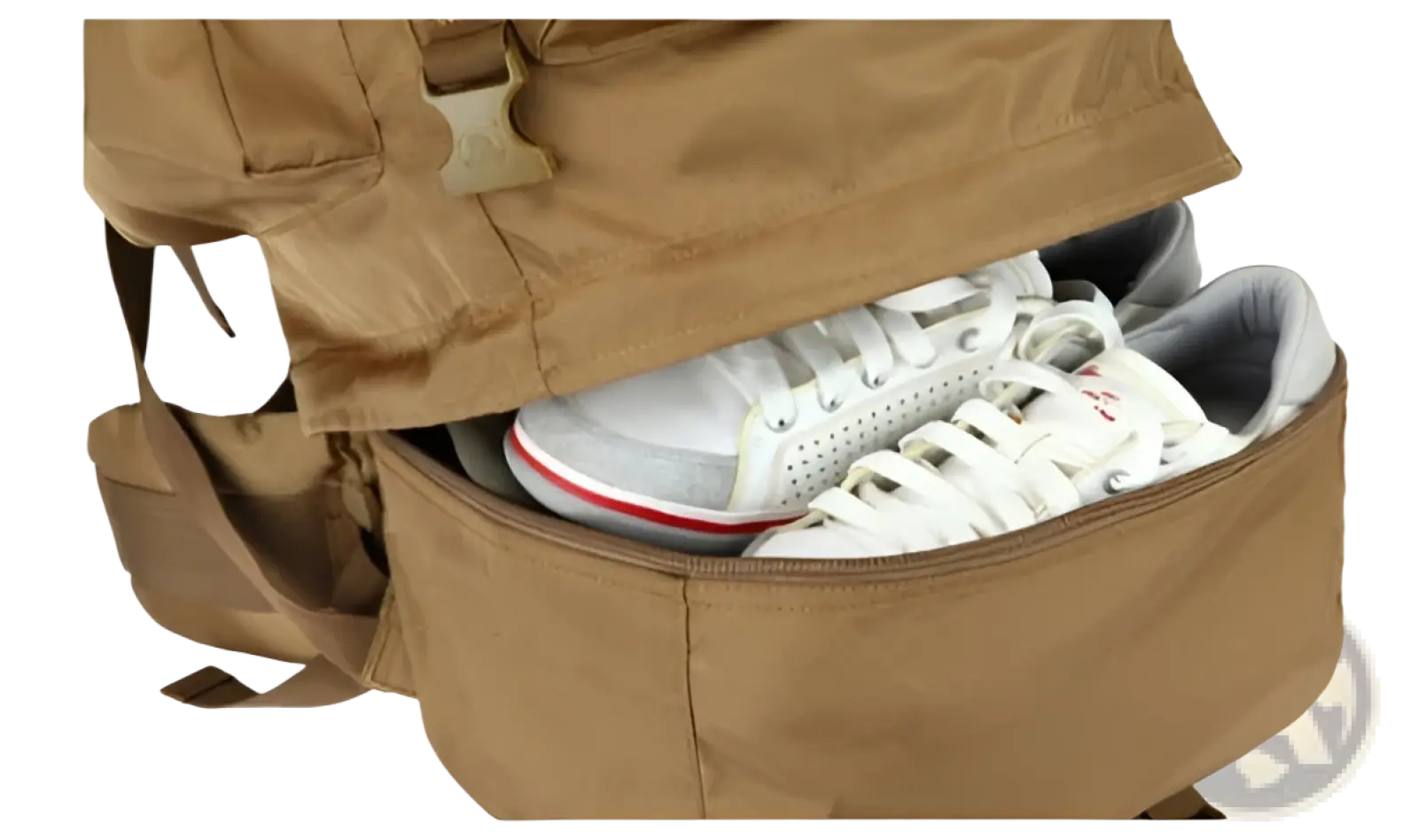 Tan 70l tactical hiking backpack made of 900d oxford fabric with zippered shoe compartment holding white sneakers