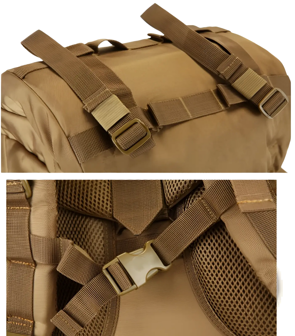 Tan 70l tactical hiking backpack made of 900d oxford fabric shown from back with adjustable straps and mesh padding