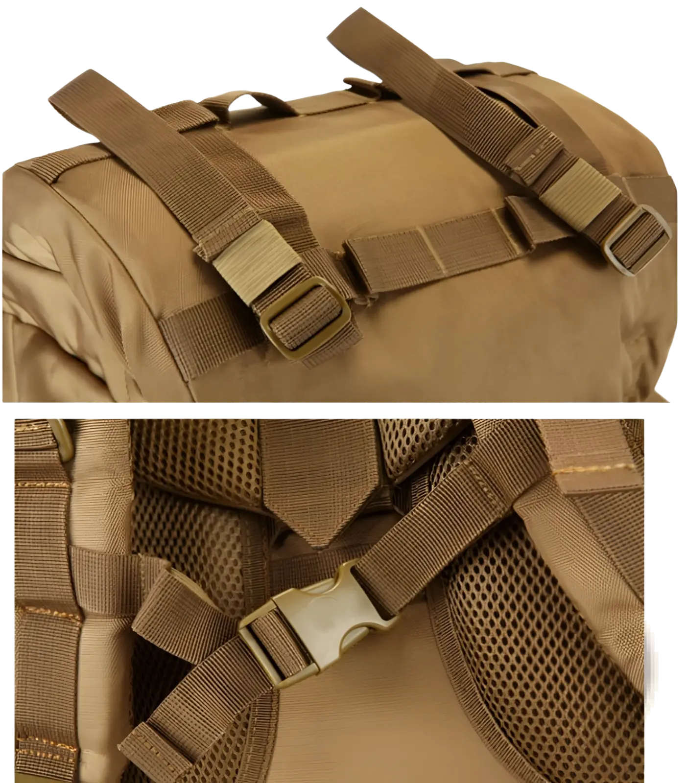 Tan 70l tactical hiking backpack made of 900d oxford fabric shown from back with adjustable straps and mesh padding
