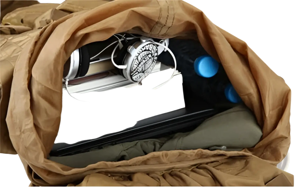 Tan 70l tactical hiking backpack made of 900d oxford fabric containing stacked books headphones and two blue bottles