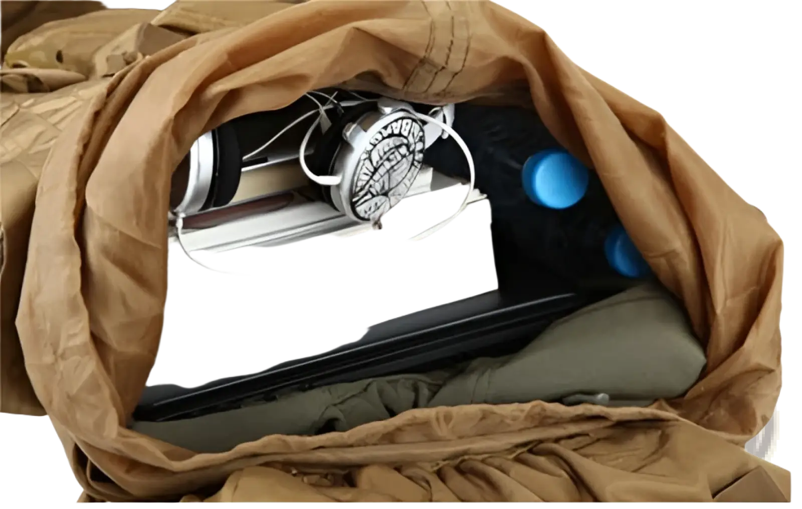 Tan 70l tactical hiking backpack made of 900d oxford fabric containing stacked books headphones and two blue bottles