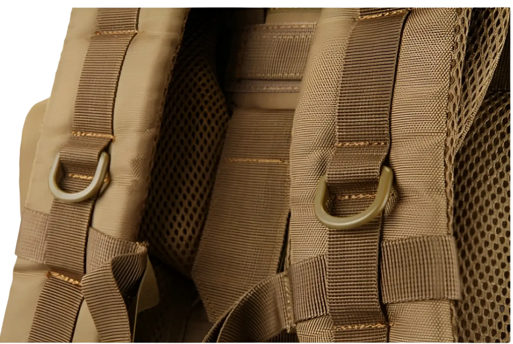 Tan 70l tactical hiking backpack with reinforced webbing straps metal d-rings made of 900d oxford fabric back side view