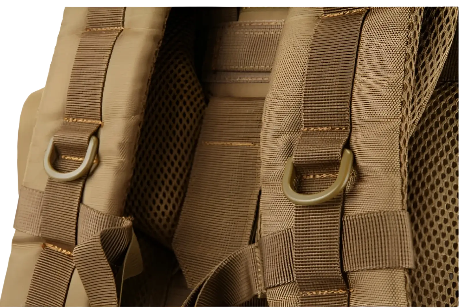Tan 70l tactical hiking backpack with reinforced webbing straps metal d-rings made of 900d oxford fabric back side view