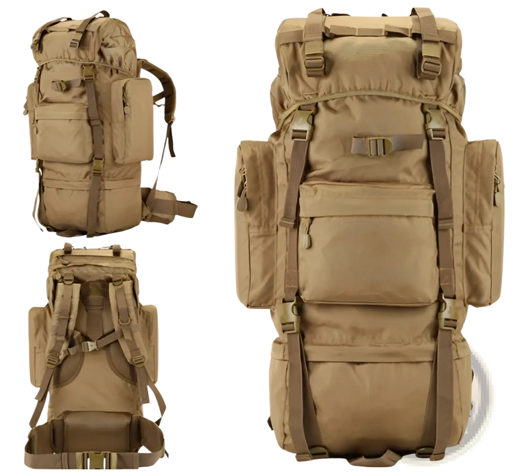 Tan 70l tactical hiking backpack made of 900d oxford fabric with multiple compartments and adjustable straps