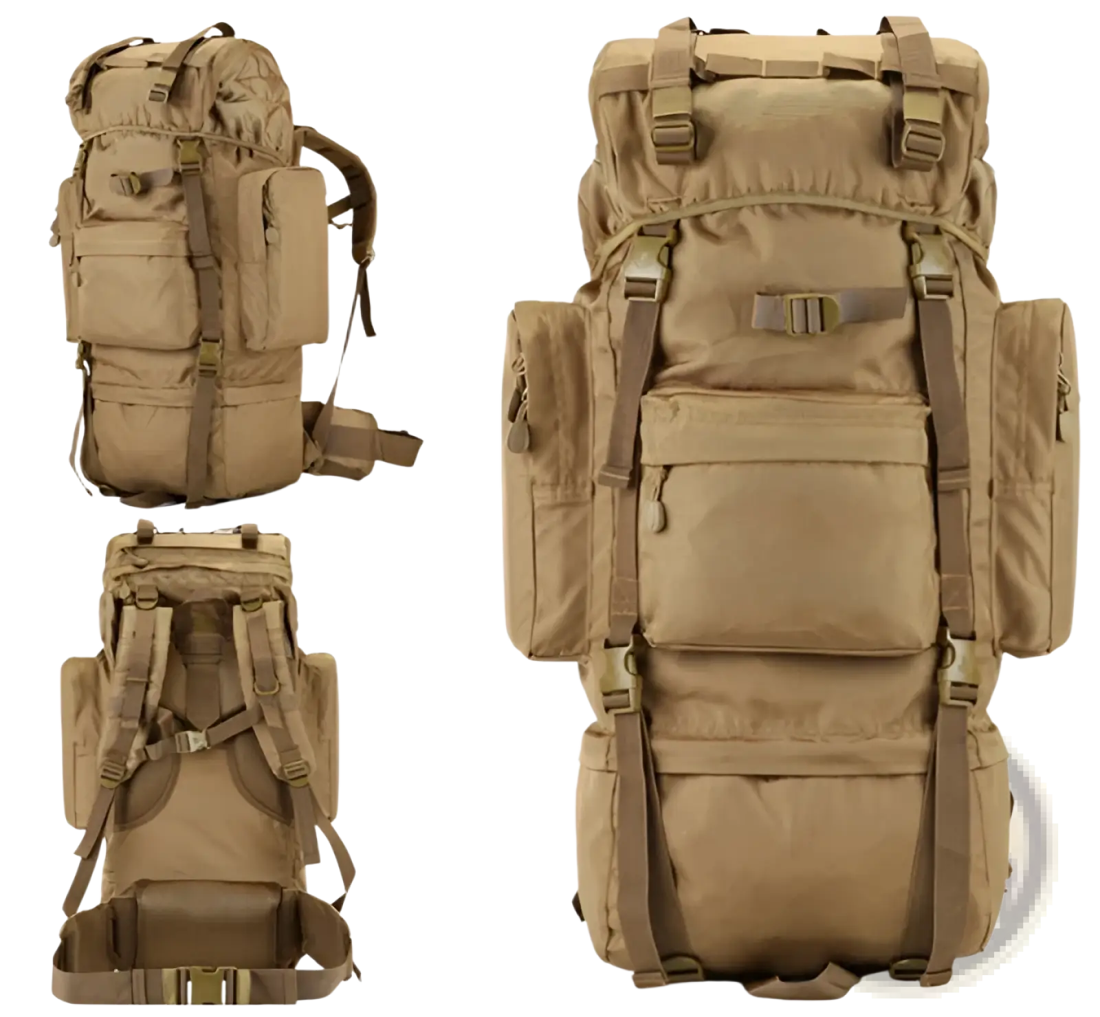 Tan 70l tactical hiking backpack made of 900d oxford fabric with multiple compartments and adjustable straps