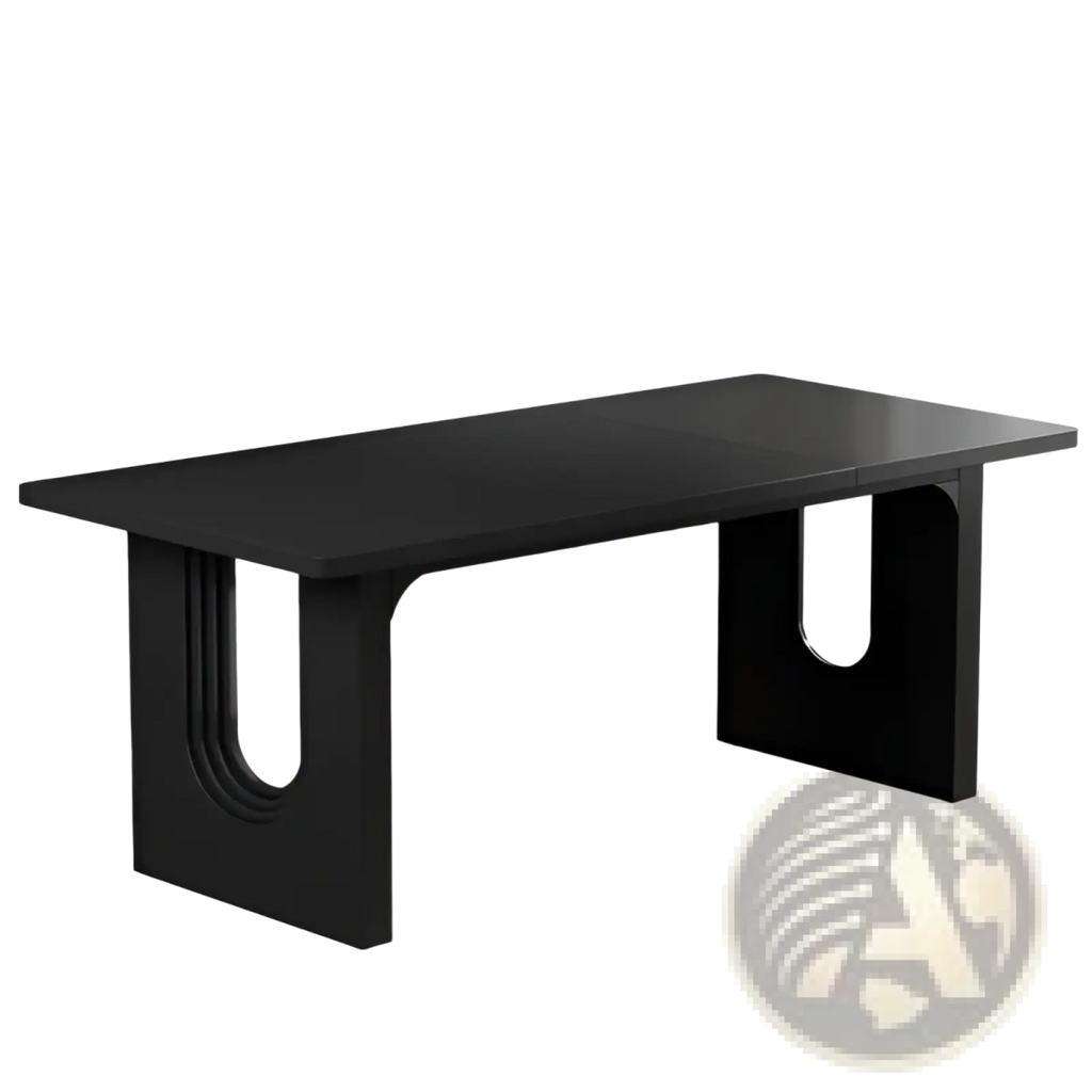 71 inch black executive office desk with curved legs featuring a sleek minimalist design and distinctive cutouts