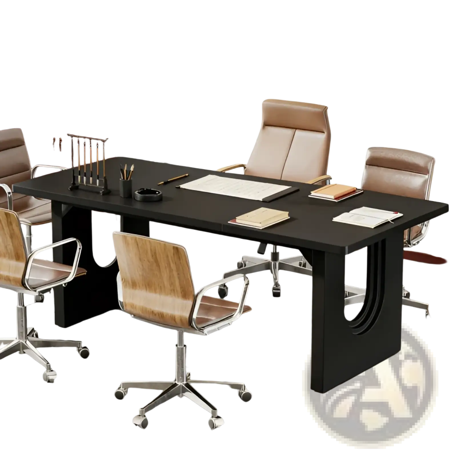 Black rectangular executive office desk with sleek modern design and curved leg supports for professional use