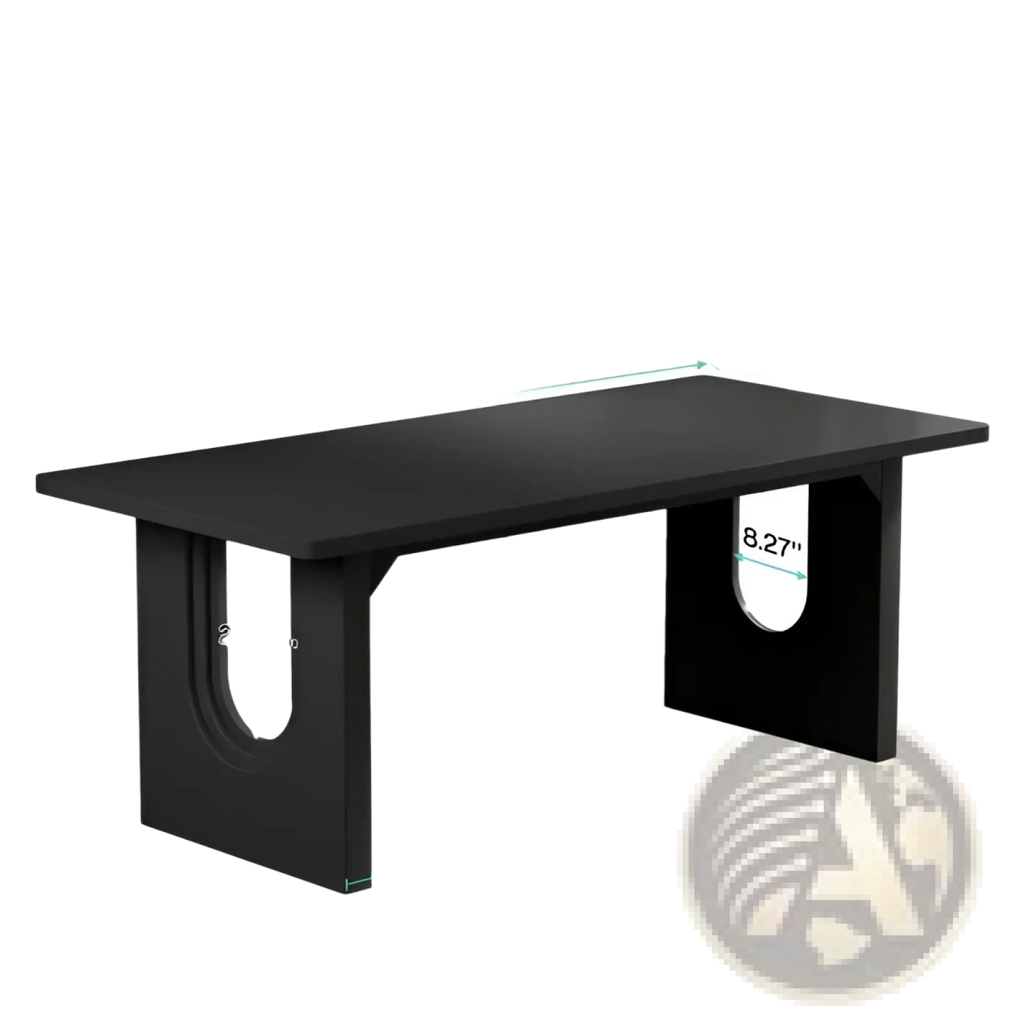 71 inch black executive office desk with curved legs and oval cutouts featuring a sleek minimalist rectangular tabletop