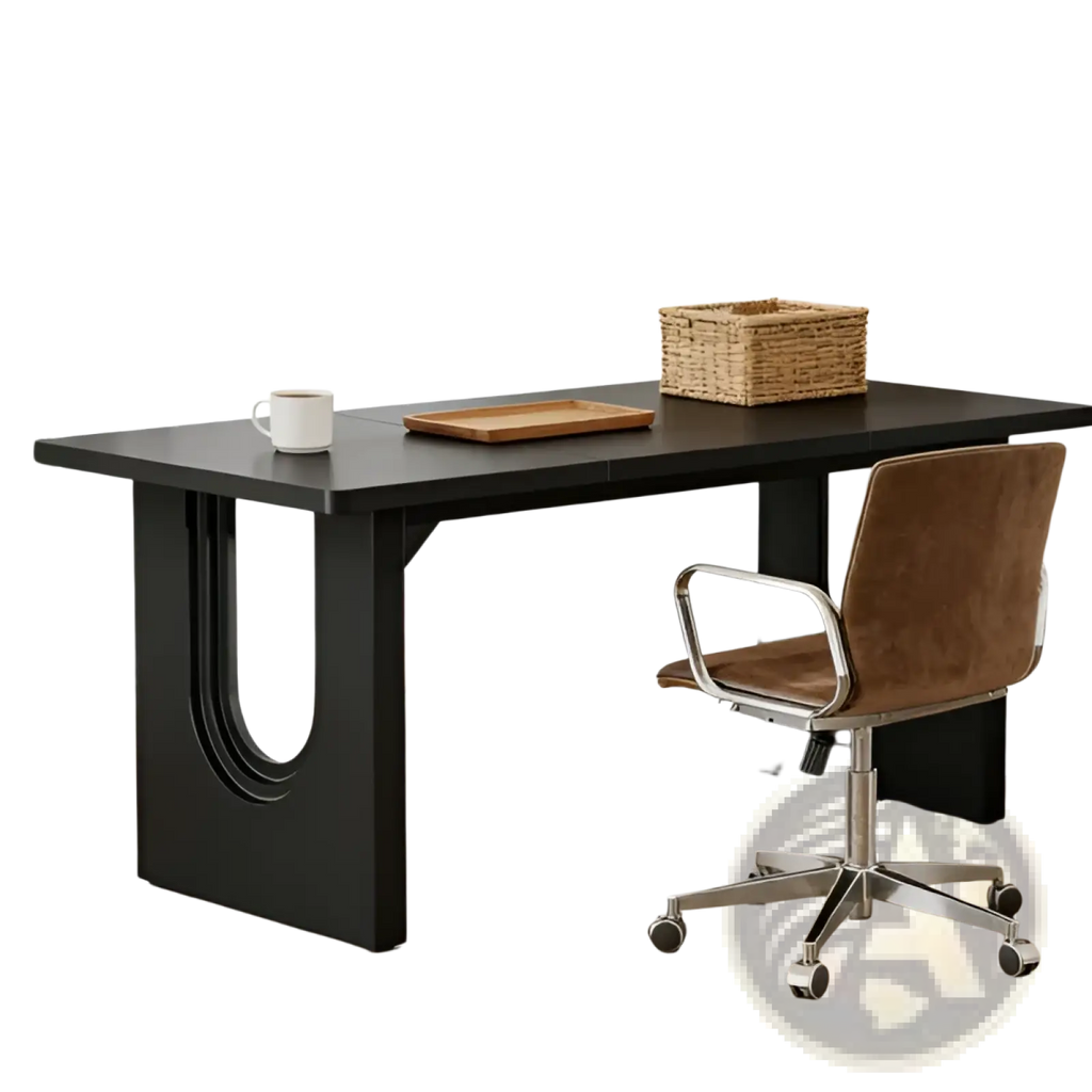 71 inch black executive office desk featuring curved legs and a unique curved cutout design on its front leg