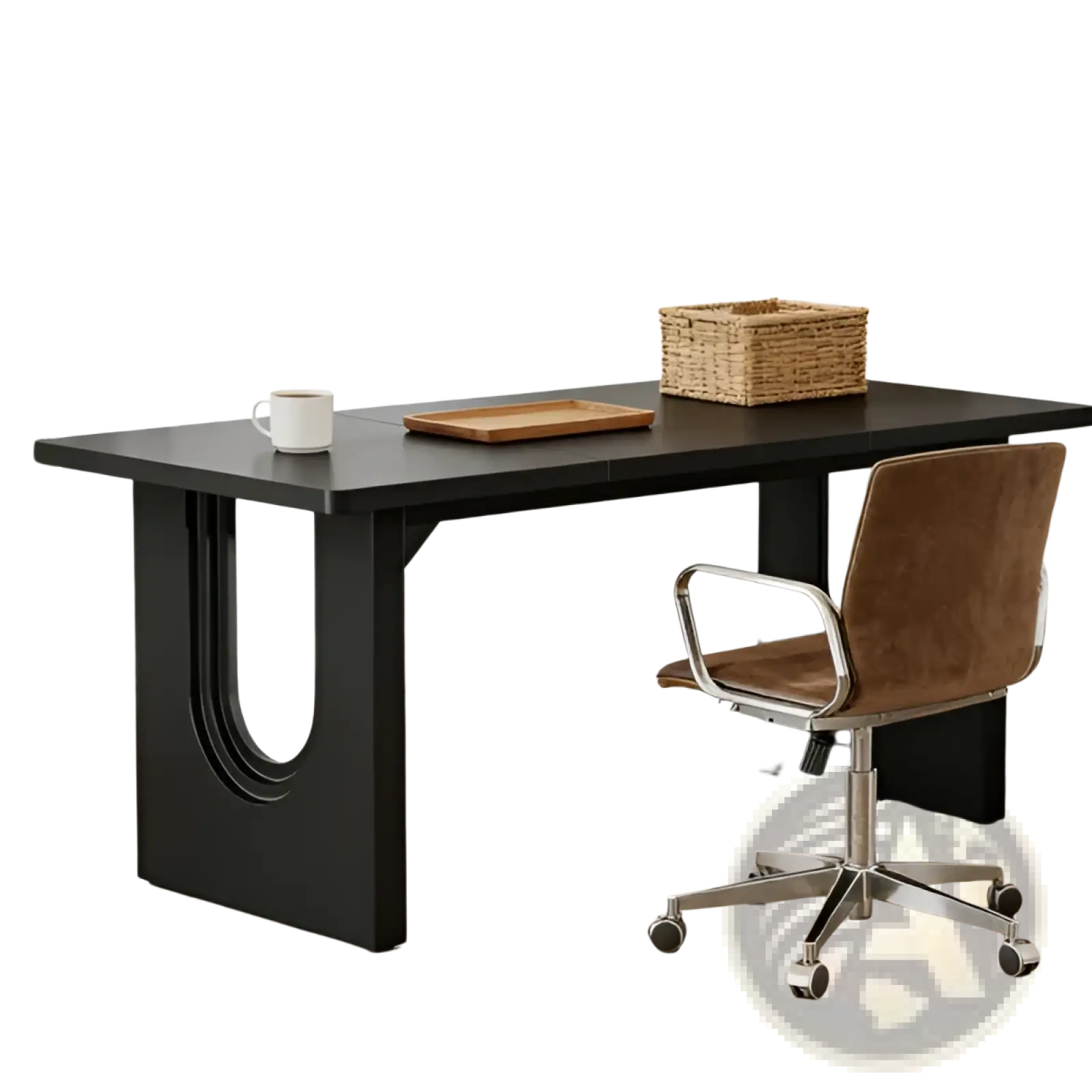 71 inch black executive office desk featuring curved legs and a unique curved cutout design on its front leg