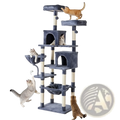 71 inch multi level cat tree tower with dark gray plush platforms cream-colored poles and built-in hammocks for cats