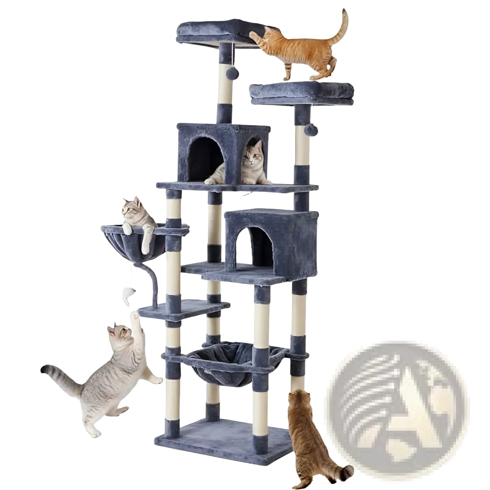 71 inch multi level cat tree tower with dark gray plush platforms cream-colored poles and built-in hammocks for cats