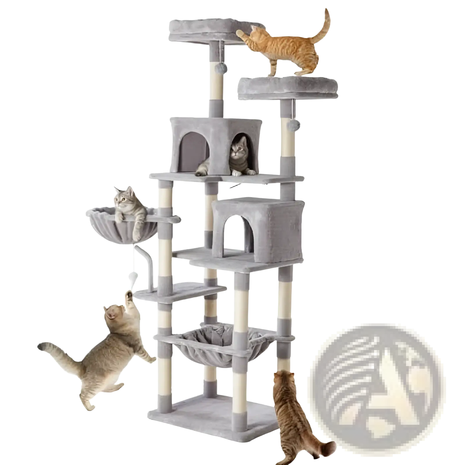 Gray 71 inch multi level cat tree tower with plush platforms hammocks and scratching posts for cats