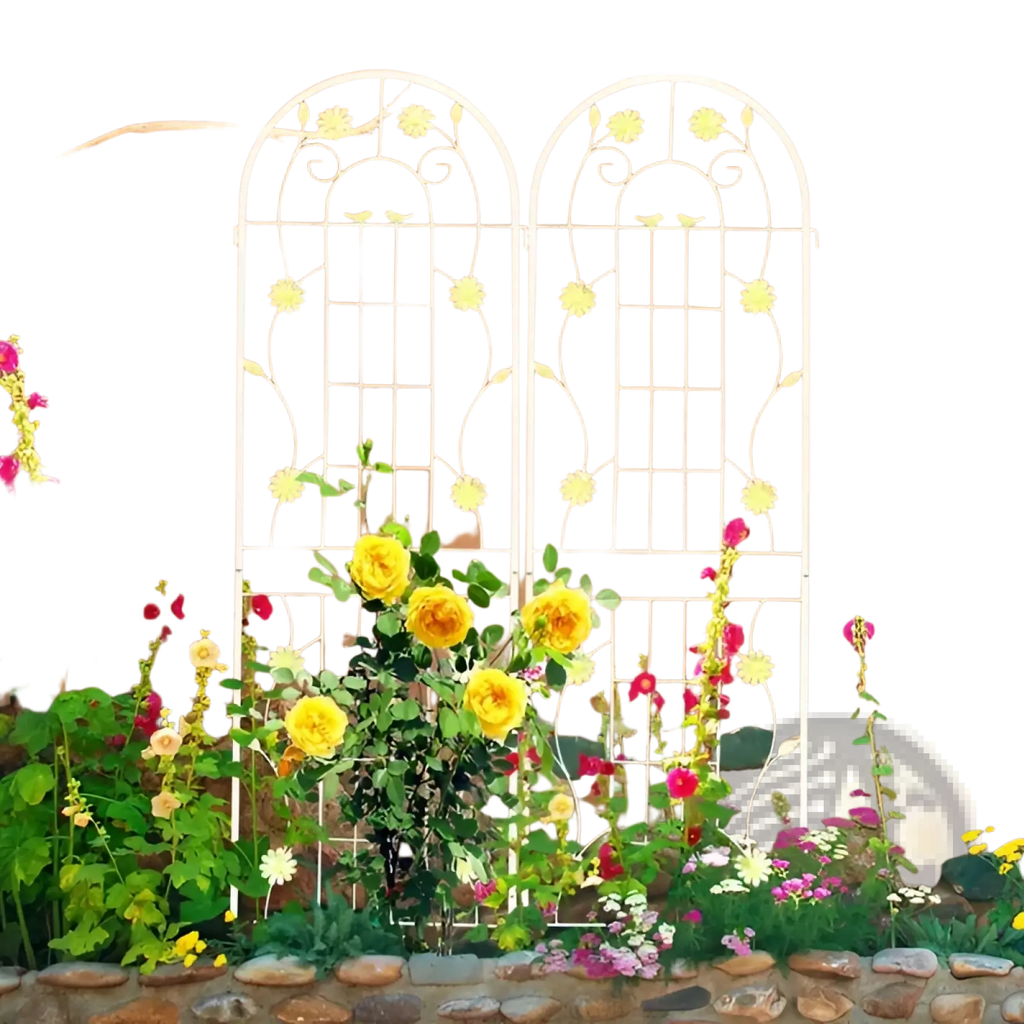 White wrought iron garden trellis with floral and vine designs 71 inch white metal arched support 2 pack