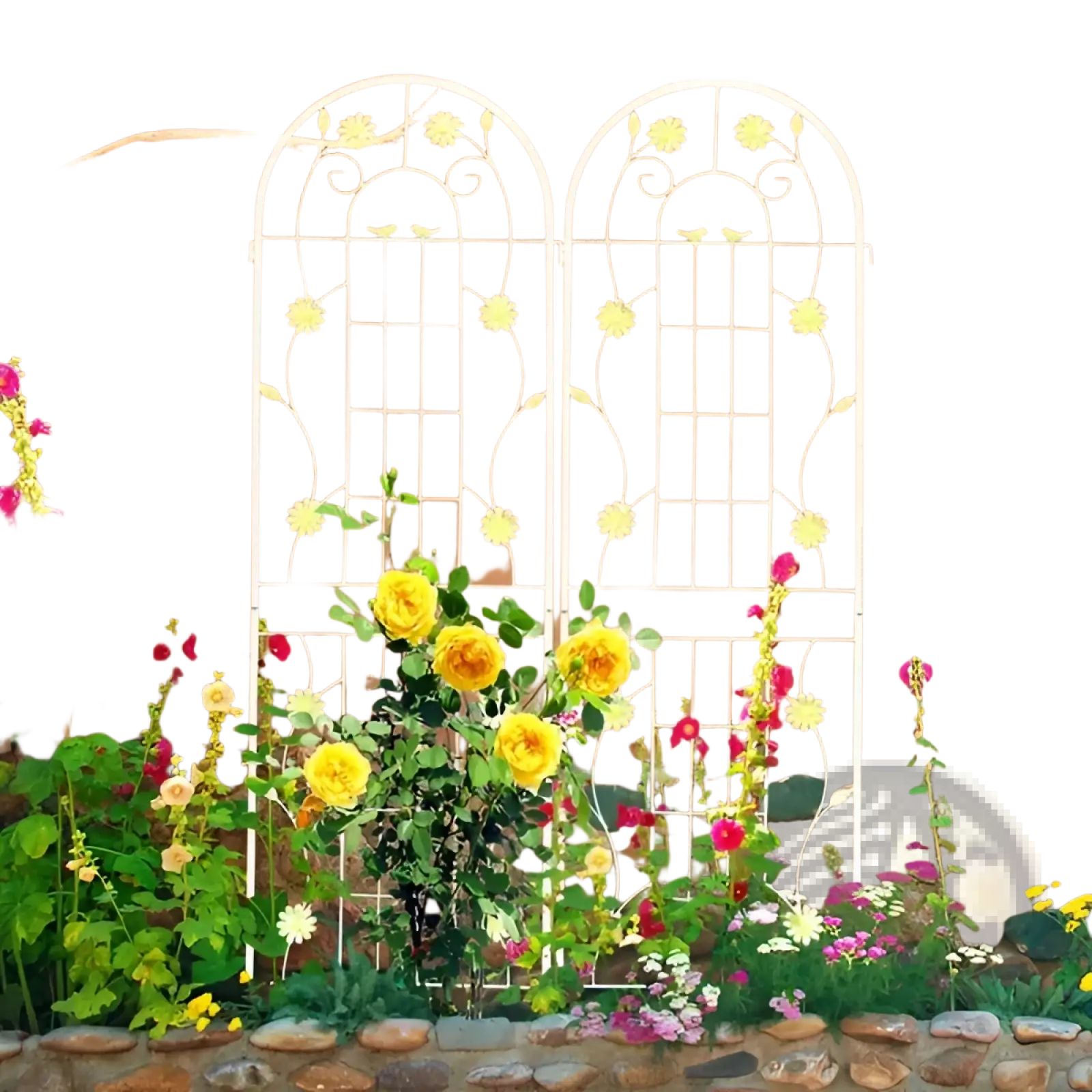 White wrought iron garden trellis with floral and vine designs 71 inch white metal arched support 2 pack